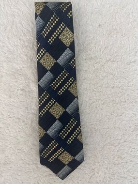 Vtg Mitsukoshi Silk Tie Japan 1970s Geometric Patchwork Navy Blue, Gold Luxury